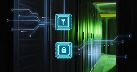 Digital security icons image over data center servers with green lighting