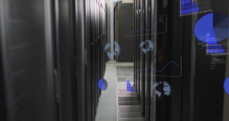 Global data processing image over server racks in data center