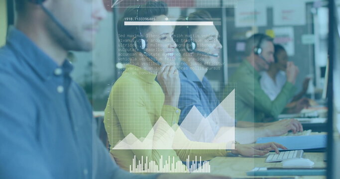 Data processing and analytics image over diverse customer service representatives working