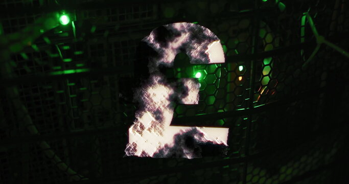 Pound sterling symbol with smoke effect image over dark green industrial background - Powered by Adobe