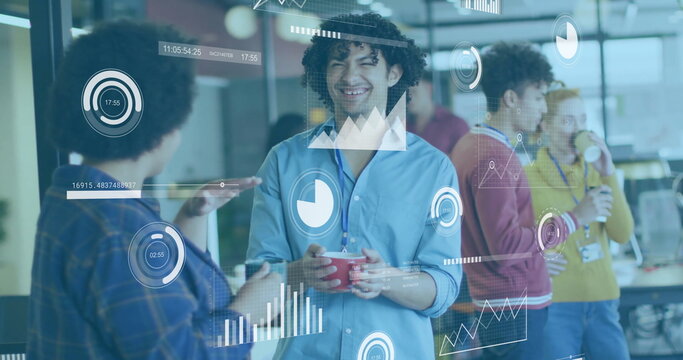 Data analytics and graphs image over diverse people socializing in office - Powered by Adobe
