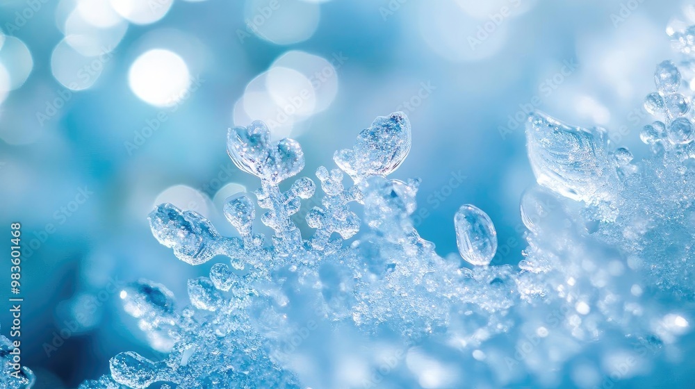 Poster close-up of a delicate ice structure, showcasing intricate crystals and shimmering patterns in a fro
