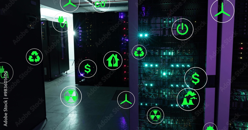Poster image of eco icons and data processing over computer servers