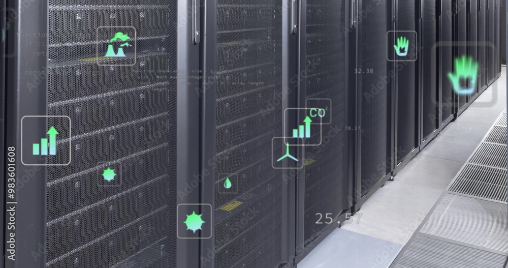 Poster image of ecology icons and data processing over server room