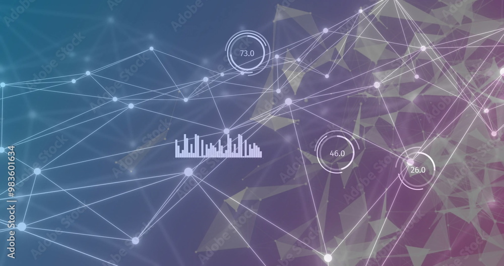 Poster image of network of connections over data processing on purple background