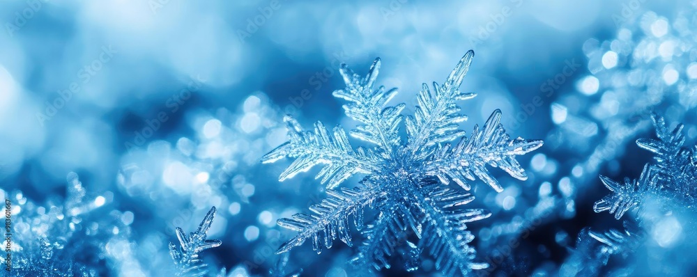 Poster a close-up of a delicate snowflake, showcasing intricate patterns and textures against a soft blue b