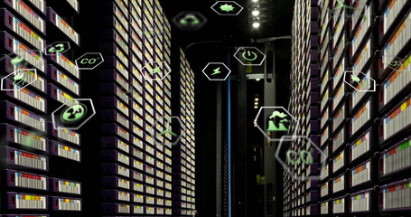 Image of ecology icons over server room