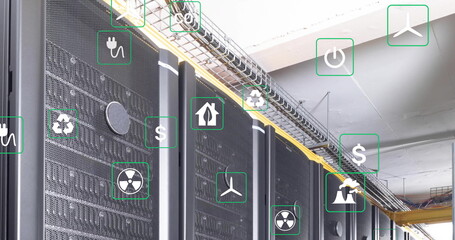 Image of ecology icons over server room