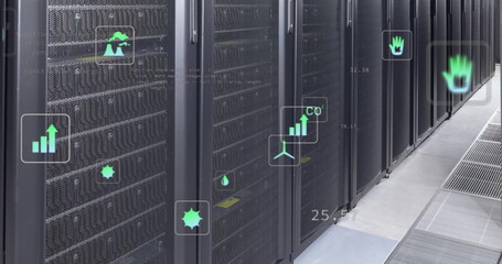 Image of ecology icons and data processing over server room