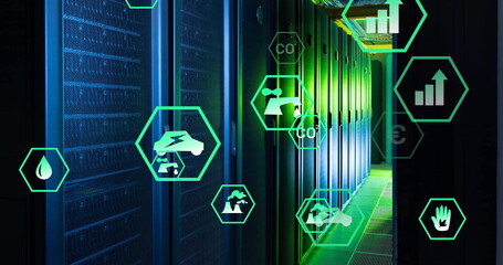 Image of ecology icons over server room