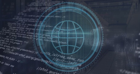 Image of globe icon and data processing over computer servers