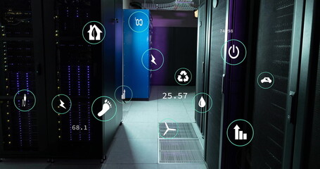Image of ecology icons and data processing over server room