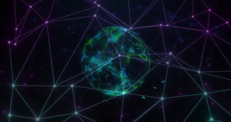 Image of network of connections over globe on black background