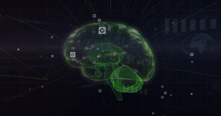 Image of brain with network of connections and data processing on black background