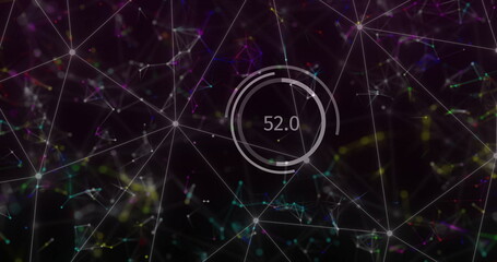 Image of network of connections over data processing on black background