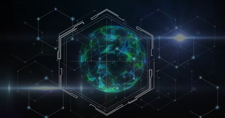 Image of shapes and light spots over globe with network of connections on black background