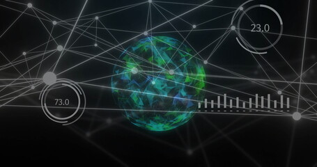 Image of network of connections with data processing over globe on black background