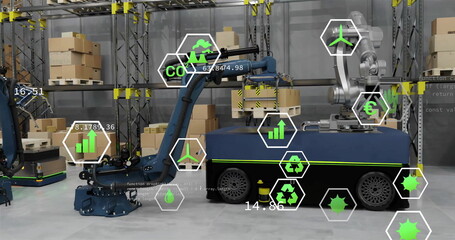 Image of data processing and ecology icons over warehouse