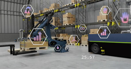 Image of data processing and ecology icons over warehouse
