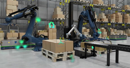 Image of data processing and ecology icons over warehouse