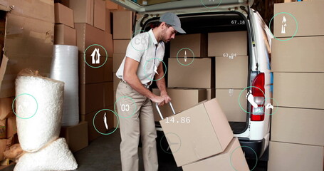 Image of data processing and ecology icons over caucasian male deliverer packing car