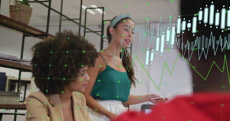 Image of financial data processing over diverse colleagues having meeting in office