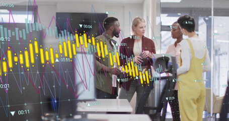 Image of financial data processing over diverse colleagues having meeting in office