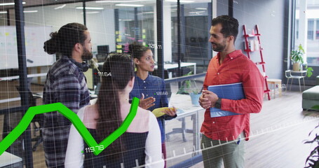 Image of financial data processing over diverse colleagues having meeting in office