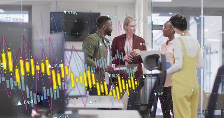 Image of financial data processing over diverse colleagues having meeting in office