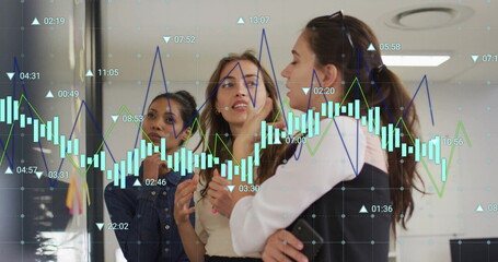 Image of financial data processing over diverse colleagues brainstorming in office