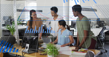 Image of financial data processing over diverse colleagues having meeting in office