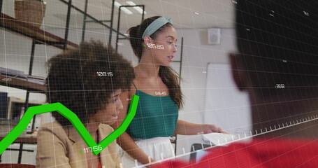 Image of financial data processing over diverse colleagues having meeting in office