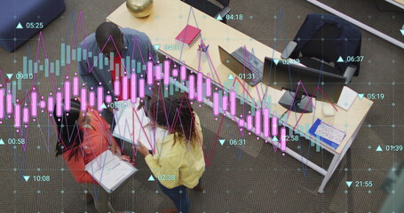 Image of financial data processing over diverse colleagues having meeting in office