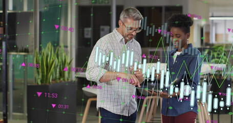 Image of financial data processing over diverse business people in office