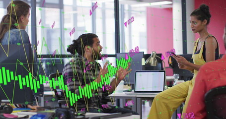 Image of financial data processing over diverse colleagues having meeting in office