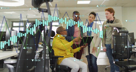 Image of financial data processing over diverse colleagues having meeting in office