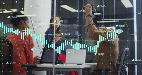 Image of financial data processing over diverse colleagues having meeting in office