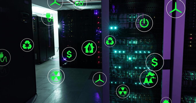 Image of eco icons and data processing over computer servers
