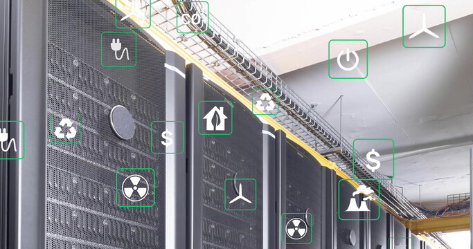 Image of ecology icons over server room