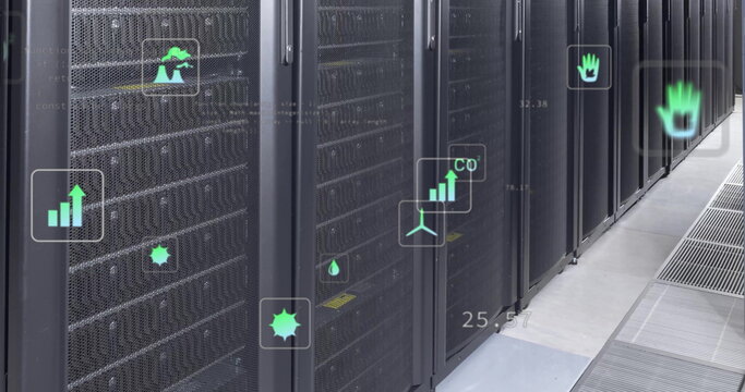 Image of ecology icons and data processing over server room