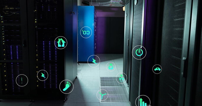 Image of ecology icons over server room