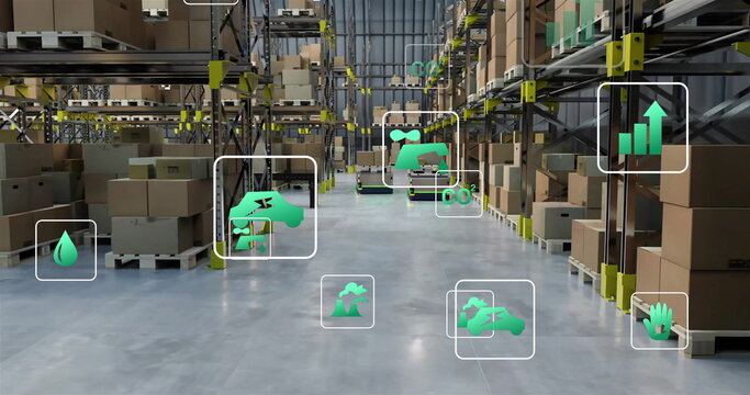 Image of ecology icons over warehouse - Powered by Adobe