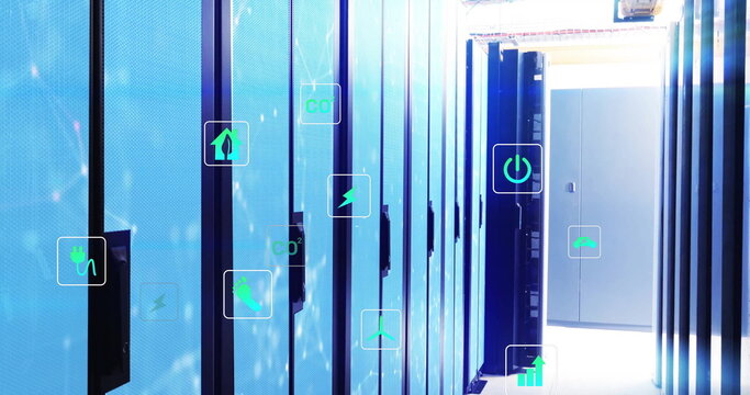 Image of shapes and ecology icons over server room