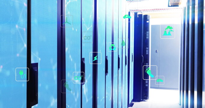 Image of shapes and ecology icons over server room