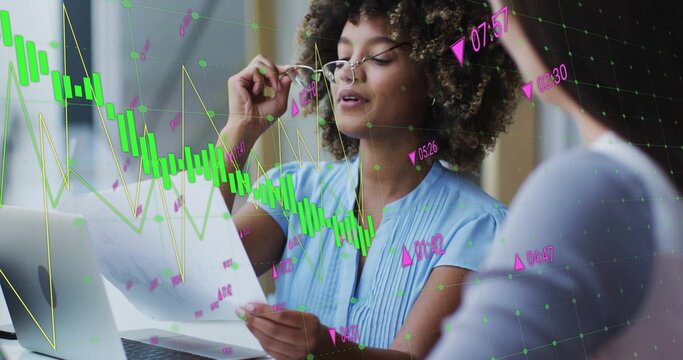 Image of financial data processing over diverse colleagues discussing work in office