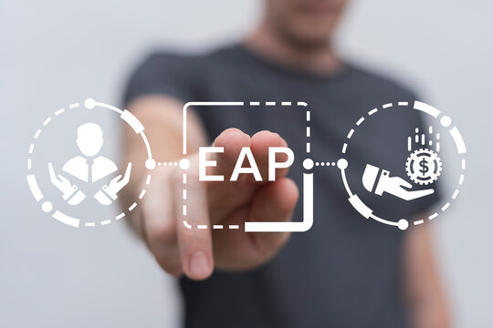 Man using virtual touch screen presses acronym: EAP. Employee Assistance Program (EAP) Business cocnept. EAP symbolizing help, support, wellbeing, resources.