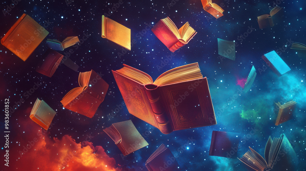 Poster floating books with colorful pages create mesmerizing scene in cosmic backdrop, evoking sense of won