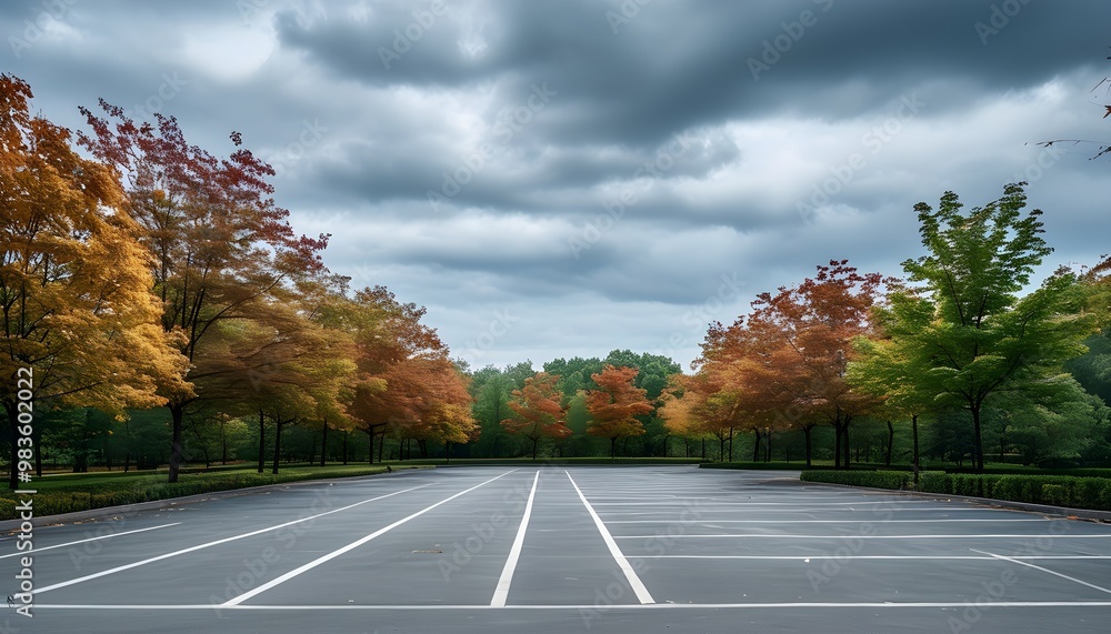 Wall mural serene outdoor parking lot surrounded by trees under a cloudy sky in a tranquil park setting