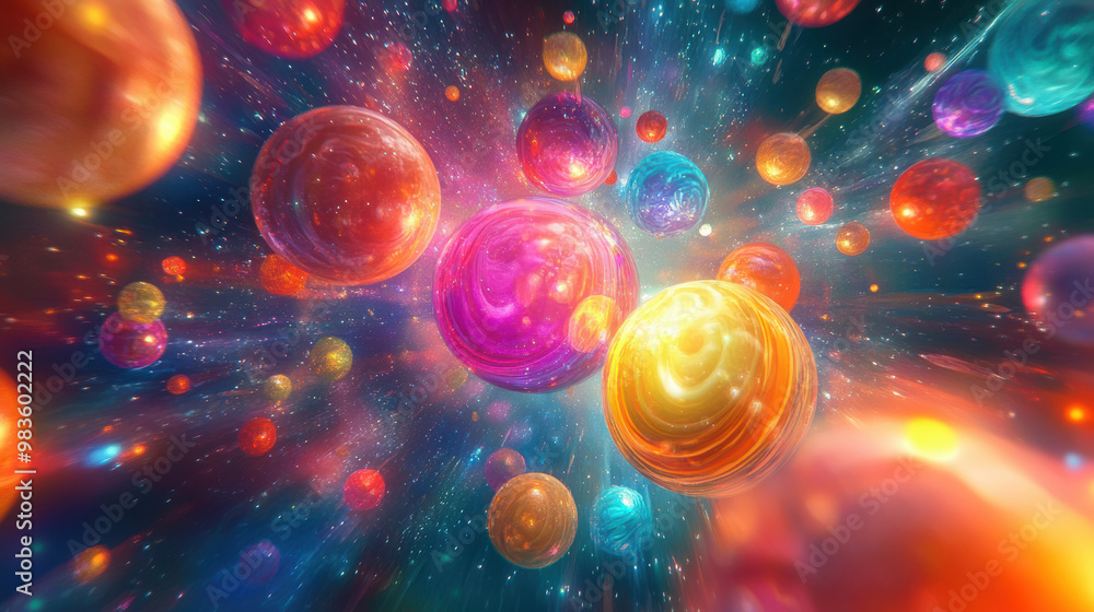 Poster vibrant spheres of color orbit in cosmic space, creating mesmerizing visual experience. glowing orbs
