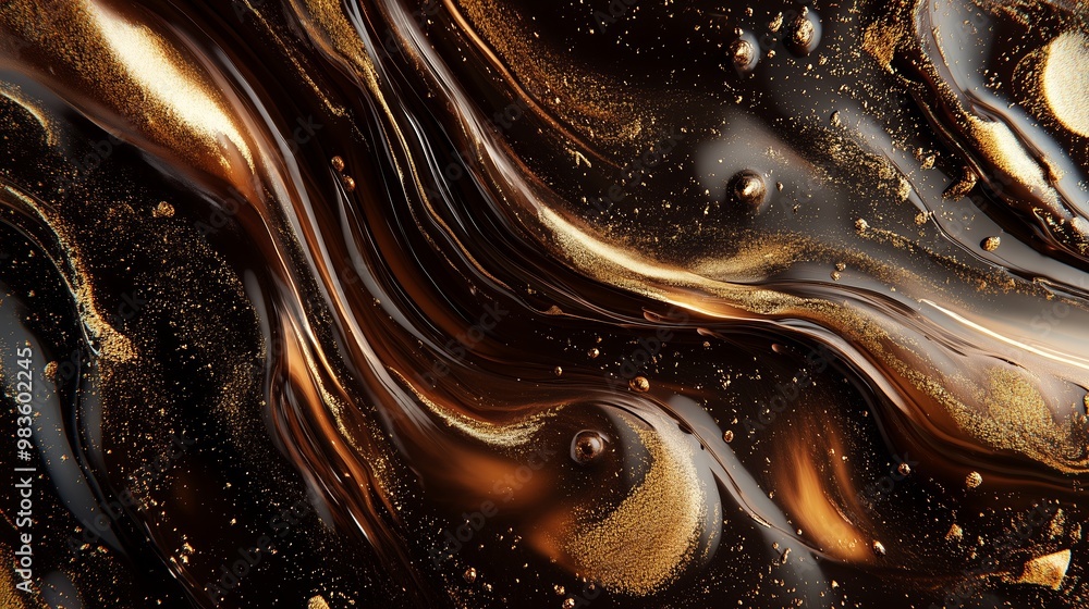 Poster swirling black and gold abstract design with smooth texture and shimmering details under soft lighti